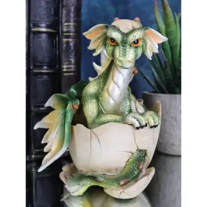Fantasy Sulky Green Baby Dragon Hatchling Emerging From Egg Mini Figurine