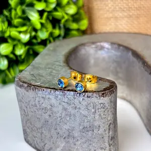 Dainty Sapphire Birthstone Earrings – 4mm Gold-Plated Crystal Studs – Minimalist September Jewelry – Zodiac Cartilage Earrings