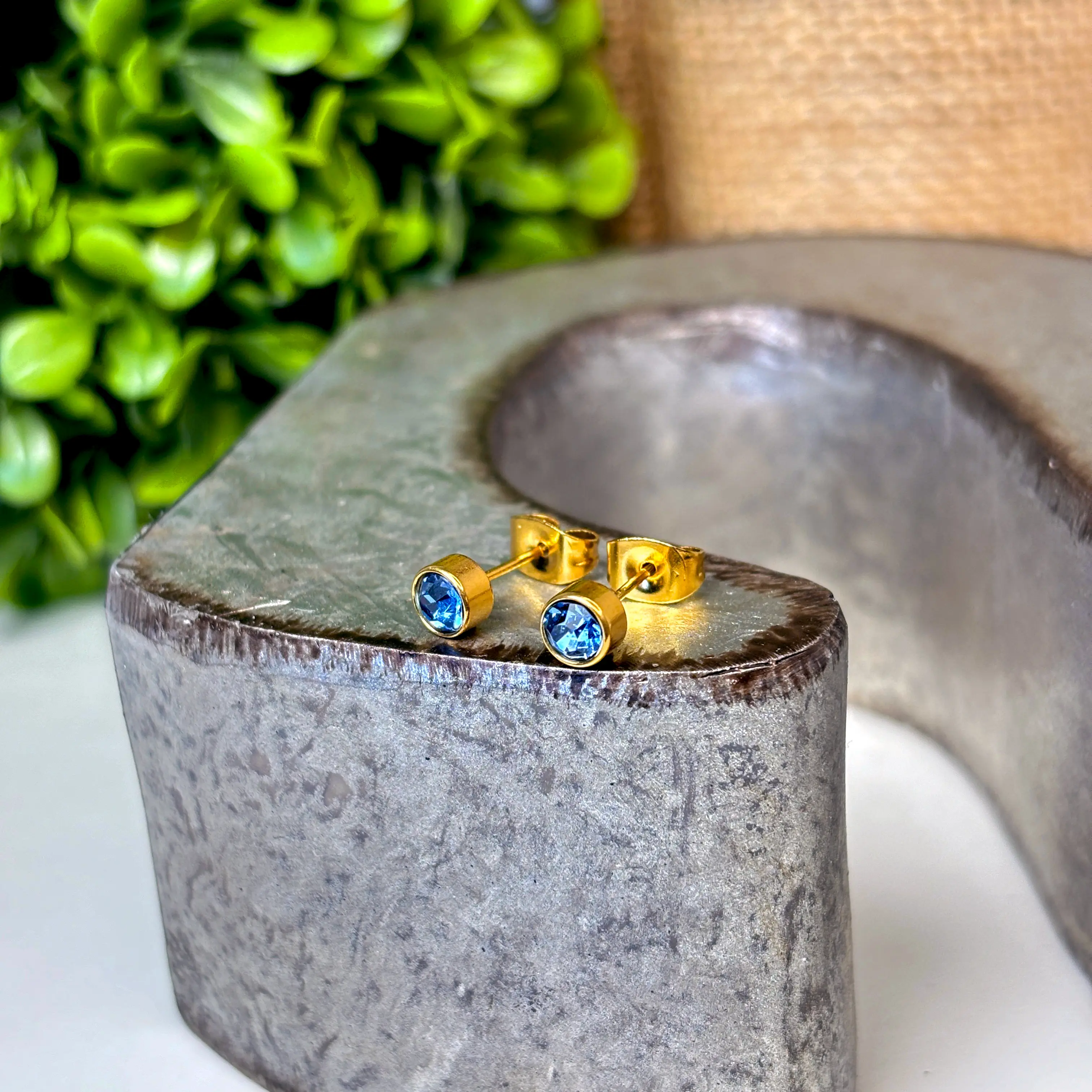 Dainty Sapphire Birthstone Earrings – 4mm Gold-Plated Crystal Studs – Minimalist September Jewelry – Zodiac Cartilage Earrings