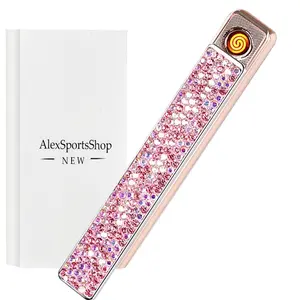 Pink Rhinestone USB Rechargeable Flameless Lighter for Women Eco-Friendly Portable Windproof Electric Slide Cap Gift Type-C Fast Charging Rose