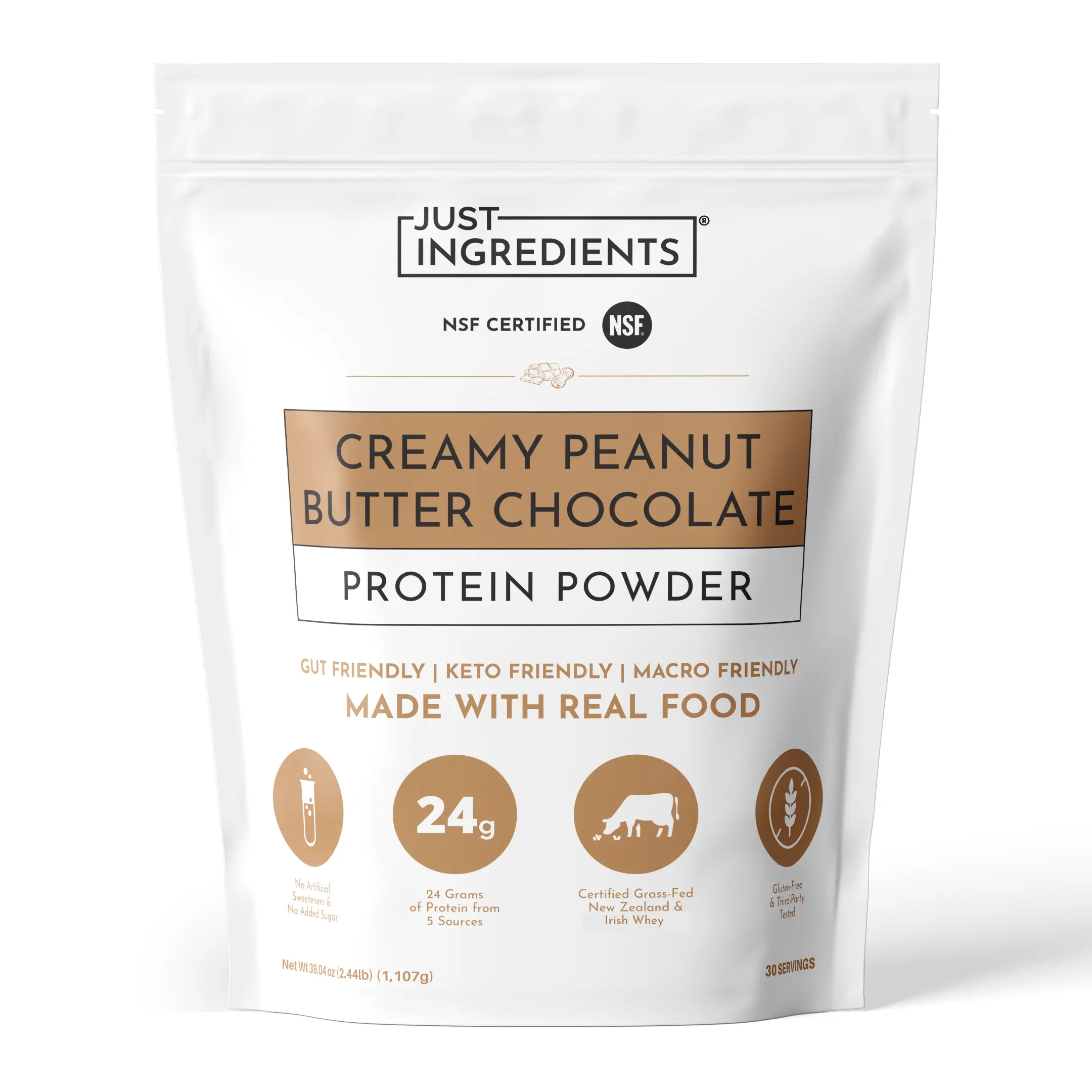 Just Ingredients Creamy Peanut Butter Chocolate Protein Powder - 30 Servings - Supports Muscle Recovery & Energy* - Grass-Fed Whey & Plant Proteins - 24g of Protein Per Serving - Gluten-Free - Made with Real Food - No Sugar Added