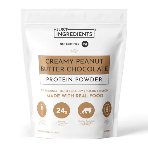 Just Ingredients Creamy Peanut Butter Chocolate Protein Powder - 30 Servings - Supports Muscle Recovery & Energy* - Grass-Fed Whey & Plant Proteins - 24g of Protein Per Serving - Gluten-Free - Made with Real Food - No Sugar Added
