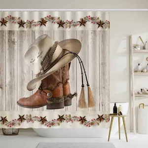 Western Cowboy Bathroom Shower Curtain Set with 12 Hooks - Western Theme Horses, Cacti & Cowboy Motifs - All-Season Bath Accessories