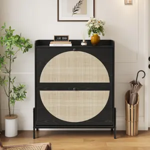 2-Drawer Wooden Shoe Cabinet with Rattan Doors / Narrow Freestanding Storage Organizer for Entryway