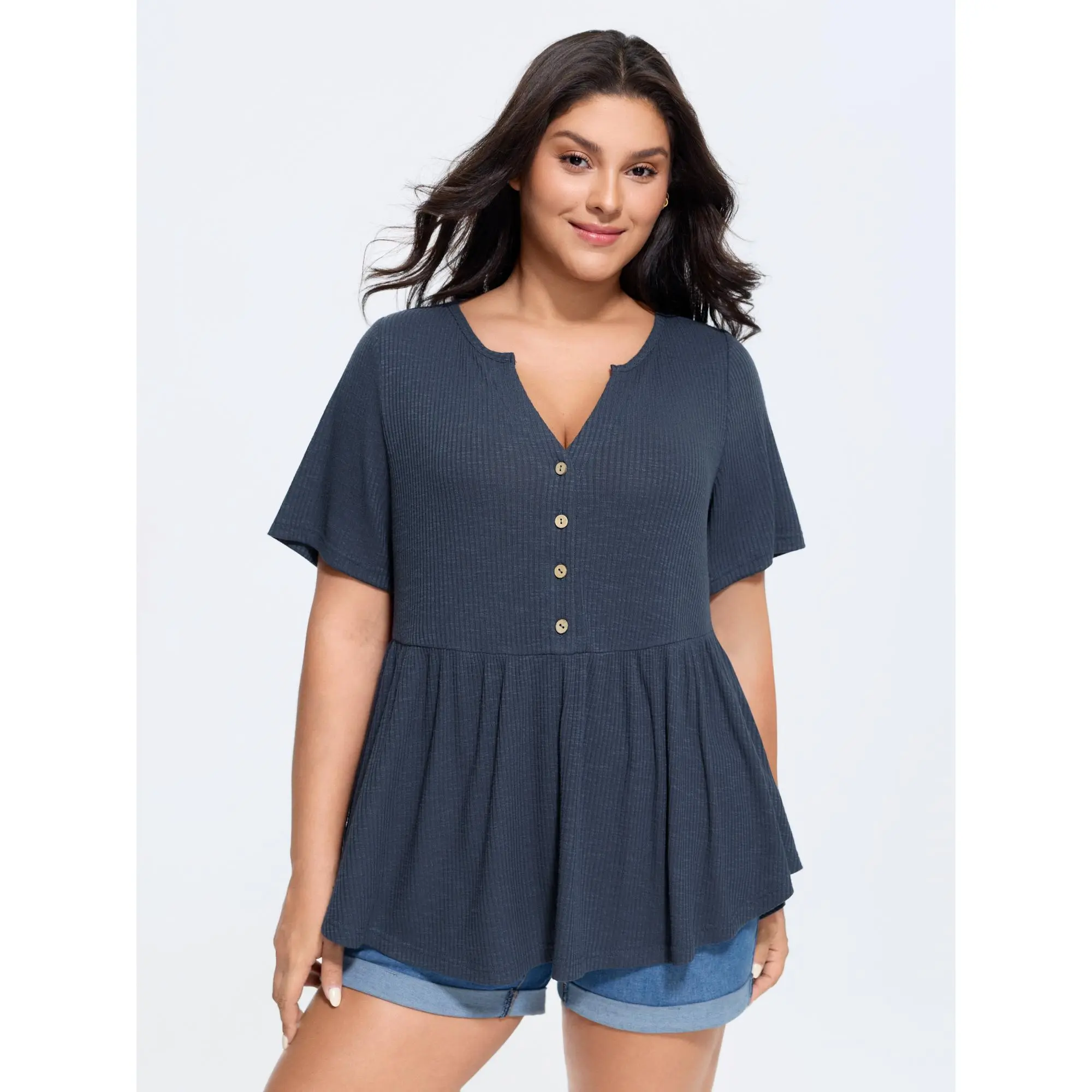 BLOOMCHIC Women's Plus Size Basic Casual Short-Sleeve Spandex Flat Knit Blouse - Notched Collar, Button Detail, Stretchy Fit, Tops, Shirts, 22-24/3x,26/4x,28/5x,M-6X,2026 Summer Finds, Cold Wash, Do Not Dry Clean