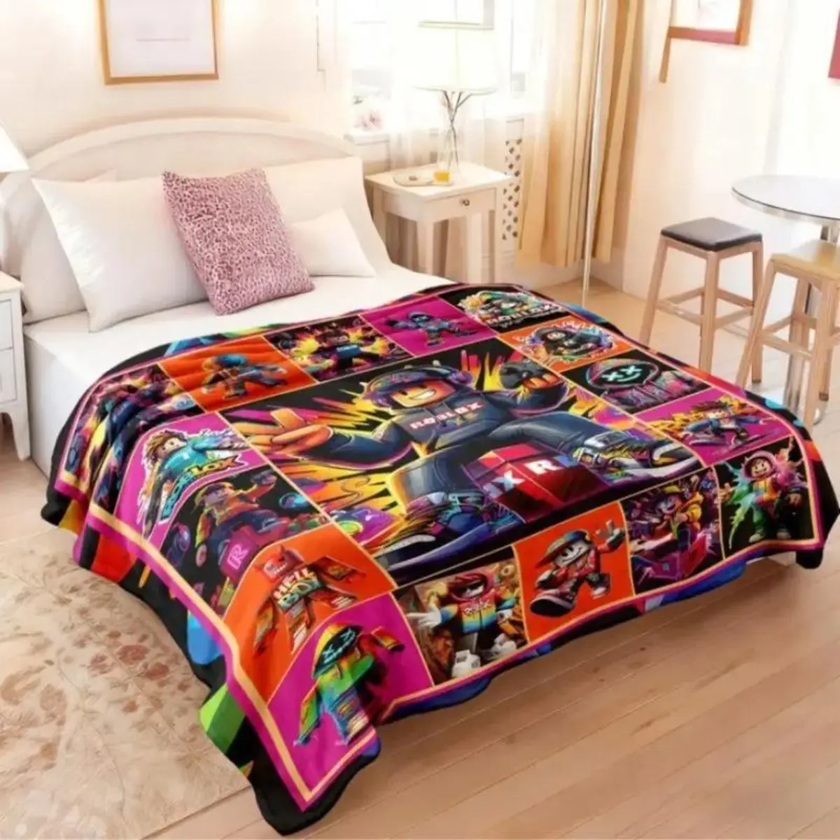 Roblox cartoon game fleece blanket, colorful design with fun characters, soft and skin-friendly, travel or camping use, great birthday gift for kids and teens,Cute Funny Throw Blankets for Bed Sofa Couch,flannel material