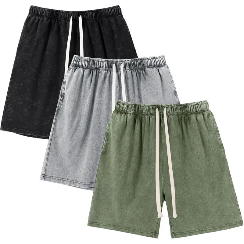 Gihuo Mens Unisex Sweat Shorts Cotton Athletic Shorts Vintage Acid Wash Elastic Waist Drawstring Workout Shorts with Pockets Womenswear Basic Bottom Casual Minimalist