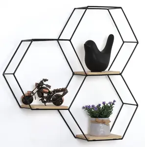 12.50 x 3.70 x 16.00 Inches Hexagon Metal Modern Floating Shelf, Black