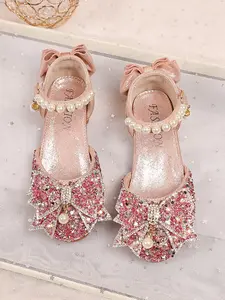 Dreamy Princess Style Bow Decorated Fancy Sandals, Sparkling Bow + Pearl Wristband, Elegant High Heel, Girls' Dream Shoes, Rubber Sole, PU Upper
