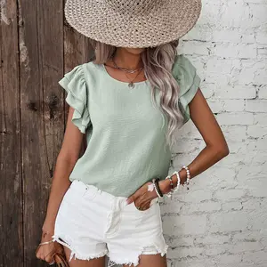 Clearly Aqua Solid Color Ruffled Short Sleeve Casual Blouse