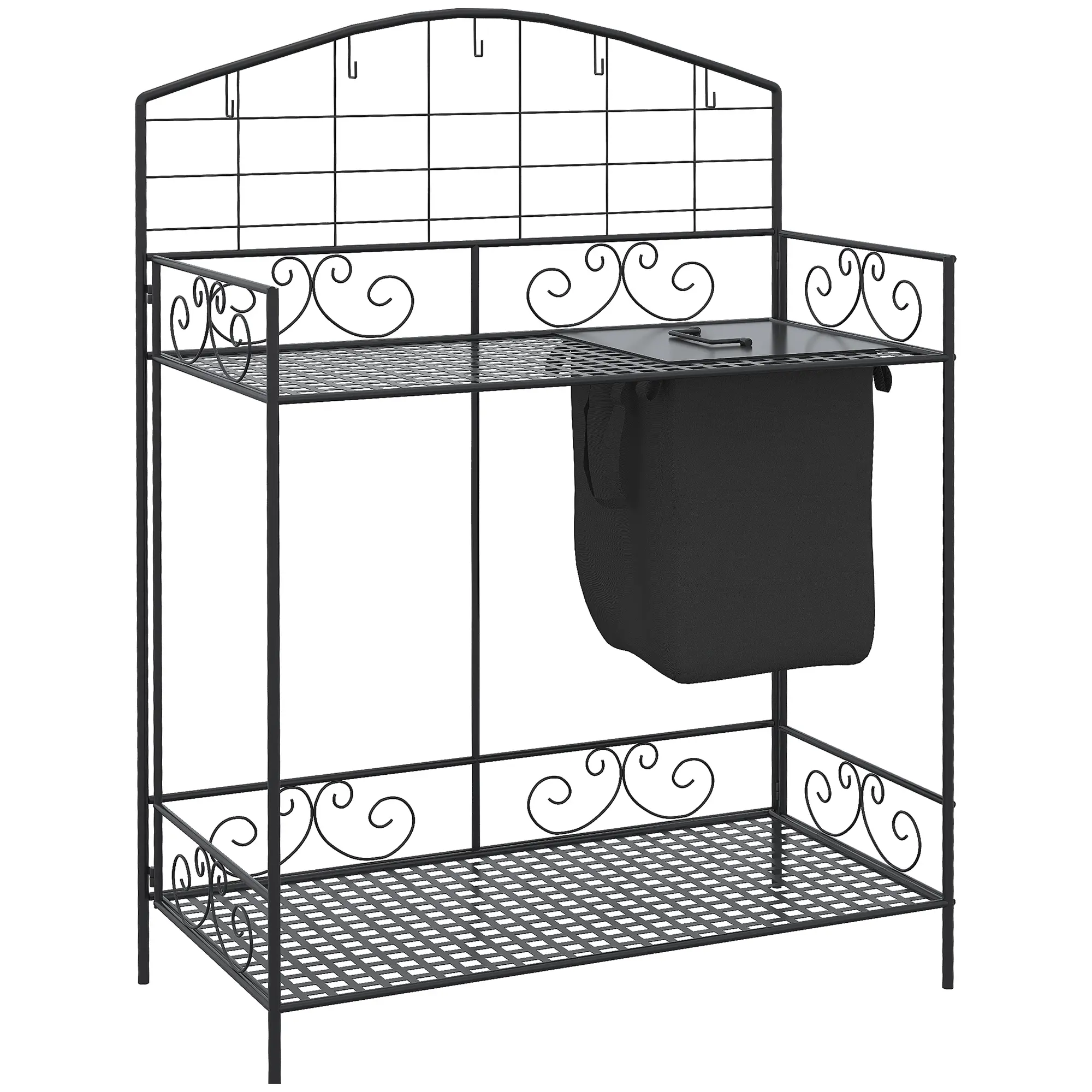 Outsunny Foldable Metal Frame Garden Potting Bench Table - Flourish Motif Comfortable Gardening Workstation, 2-Layer Shelf, 5 Hooks, Built-In Covered Bag, 66 lbs. Tabletop, Easy Planting, Requires Setup, 33.5" L x 17" W x 47.25" H