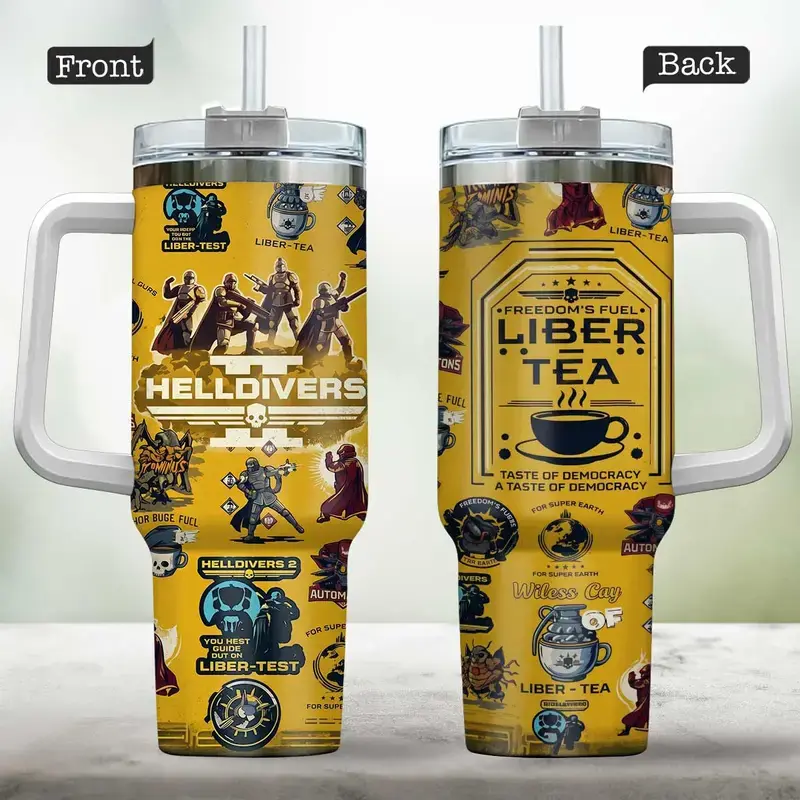[Gift box and straw] Helldivers 2 Tumbler Cup with Handle and Straw, Insulated Steel Mug, Liber-Tea Yellow 40oz - scs17972