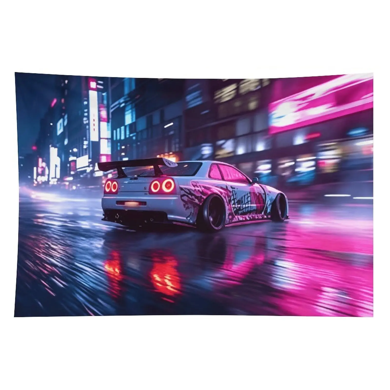 Linen-Cotton-Polyester R32 Car Decorative Tapestry - Decor Accessories, Room Art Wall Hanging with Neon Street, Cool Drift Car, JDM Rainy Night Prints for Men's Room