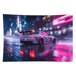 Linen-Cotton-Polyester R32 Car Artistic Tapestry - Artwork Print Wall Hanging with Neon Street, Cool Drift Car, JDM Rainy Night Design for Men's Room, Bedroom Decoration summerwins, Artistic Tapestry Tapestries, Artwork Print Tapestries,summerwins