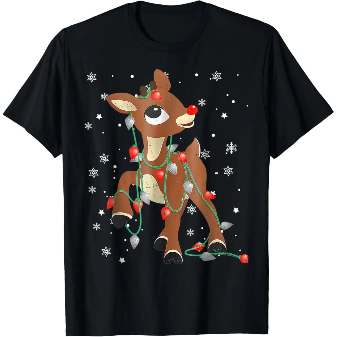 Men's Classic Fit Cute Rudolph The Red Nose Reindeer Graphic Print Christmas Cotton T-Shirt - Casual, Round Neck, Soft, Festive Holiday Menswear, Unisex, Refer to Size Chart