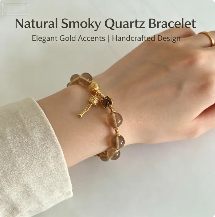 Vintage 18K Gold Plated Smoky Quartz Bracelet, Tibetan Religious Prayer Wheel Pendant Healing Crystal Bead Bracelet for Ladies Meditation Gift