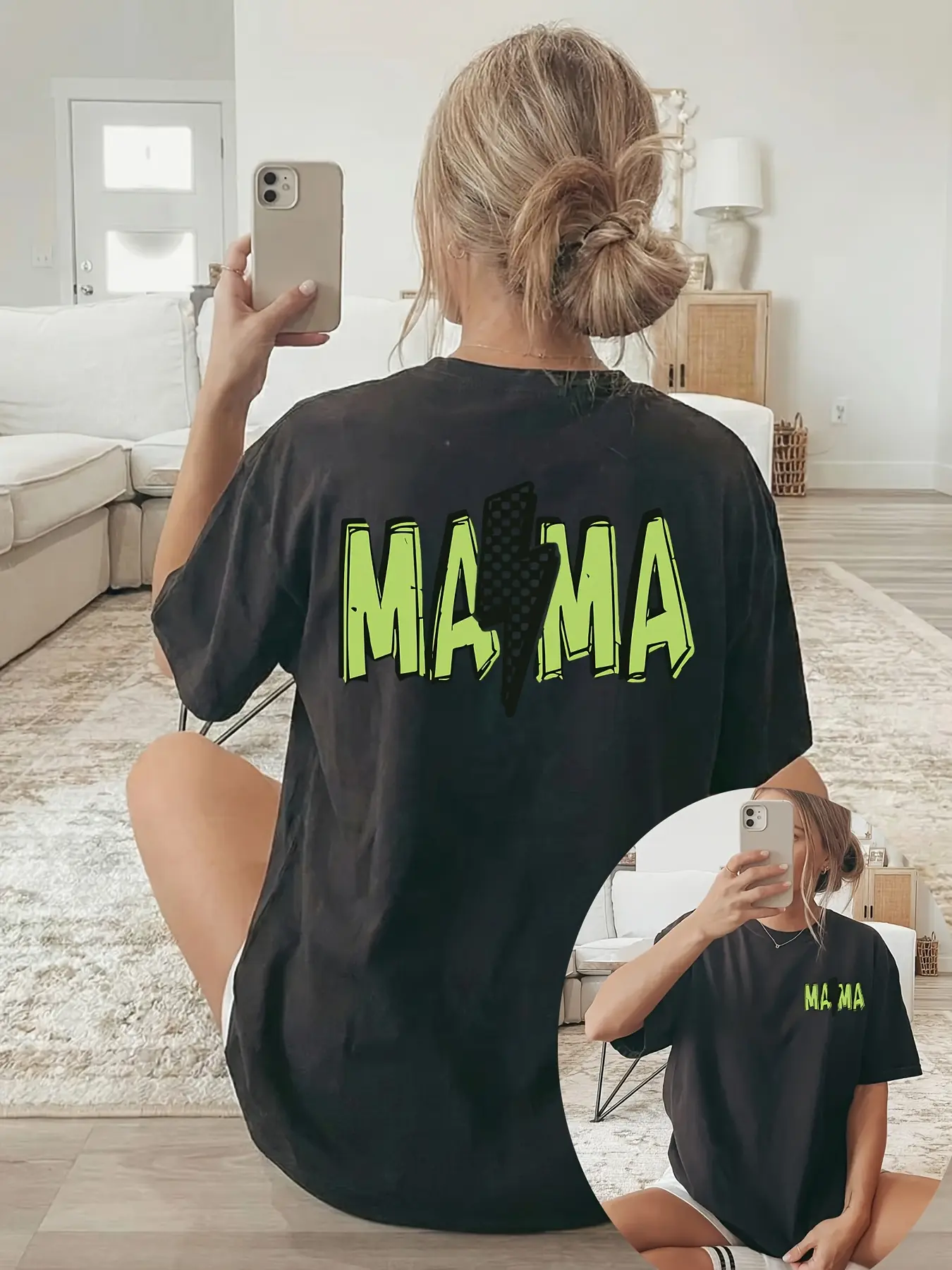 Women's T-Shirt with MAMA Lightning Bolt Print - Double-Sided Short Sleeve Round Neck Tee, Green Lettering & Lightning Bolt, Casual Blouse Top Suitable for Spring Summer Casual Attire, Machine Washable,Street,shirts