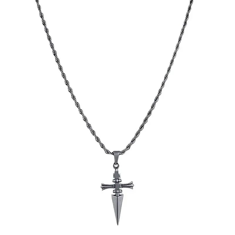 Gothic Punk Alloy Steel Long Necklaces with Spike-Crucifix Pendant, Geometric Cone-Shaped Element Design, Anime-Inspired Versatile Style Gothic Alt Style Jewelry for Men, Anniversary-Birthday Gift, Casual Daily Wear Accessories, Cross Necklace