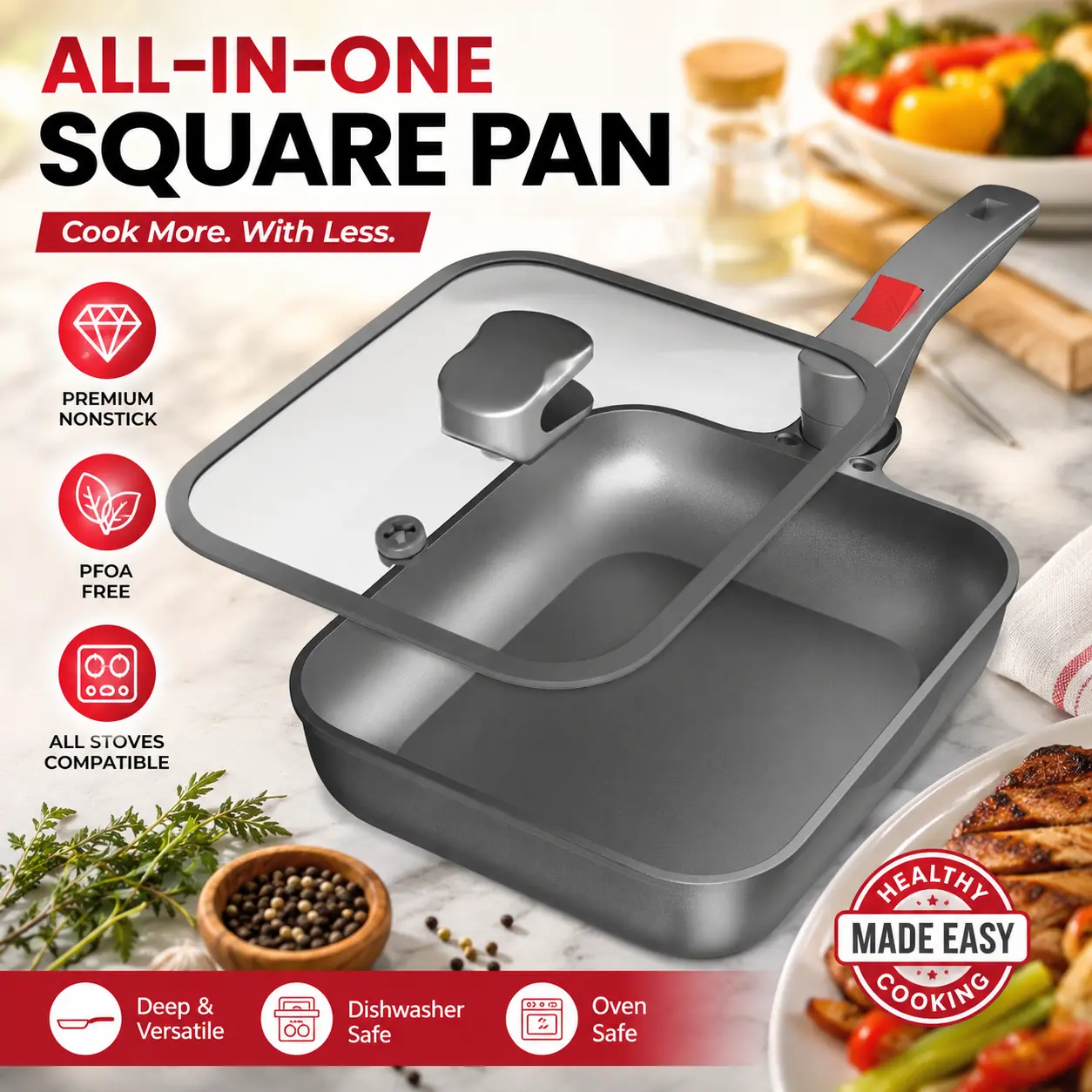 FOGDREAM Nonstick Titanium Alloy & Aluminum Oblong Frying Pan Skillet - Deep & Versatile 3-Section Design, 360° Swivel Stay-Cool Handle, Micro-Pressure Glass Lid, Rapid Thermal Conduction, Induction Safe, Oil & Dish-Friendly for Healthy Cooking