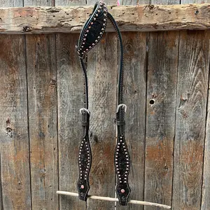Dark Oil Floral Tooled with Copper Dots One Ear Headstall / Bridle