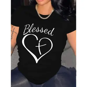 Blessed Heart & Cross Print T-shirt, Crew Neck Short Sleeve T-shirt For Valentine's Day Gifts, Women's Clothing，Non-Sheer Women's Round Neck Short Sleeve Basic – Opaque Even in Light Colors, No Need for Undershirts