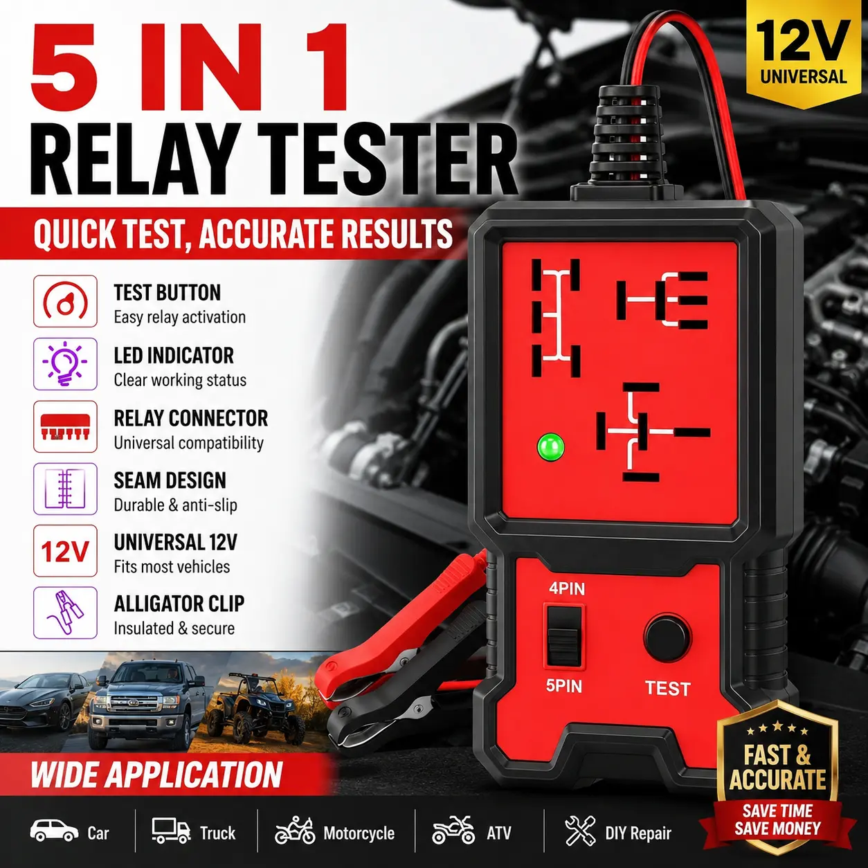 Auto Car Automotive Relay Tester For 12V 4pin And 5 Pin With Battery Clips Diagnostic Tool #Summervibes