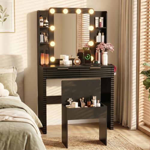 Bellemave Vanity Desk with Mirror & Light, Large Drawer Three Level Storage Dresser, 3 Lighting Modes Adjustable Brightness, Bedroom Dressing Table