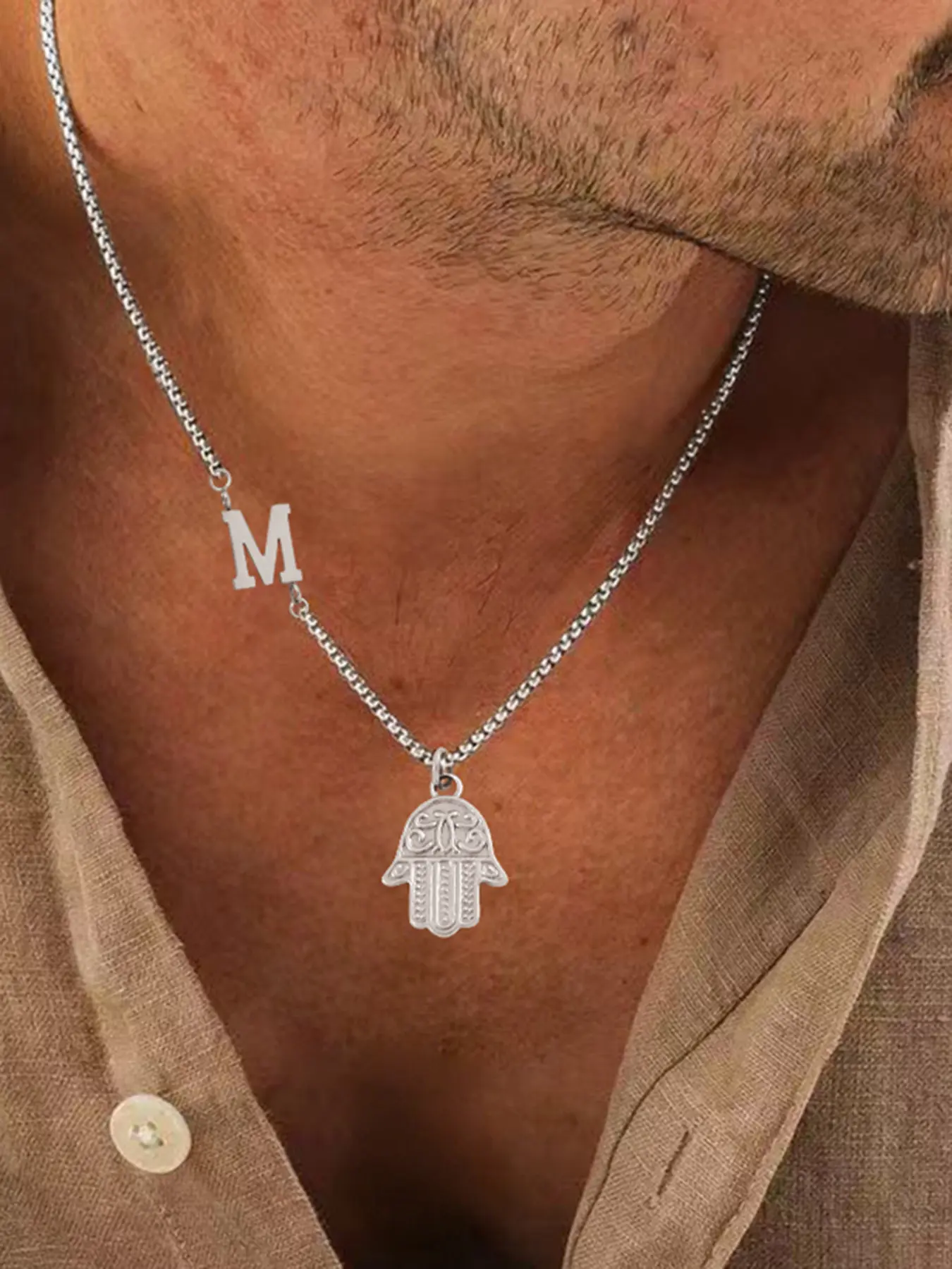 Men's Silver Color Letter Hamsa Hand Pendant Necklace, Vintage Stainless Steel Chain, Casual Style, All Seasons, No Choking Hazard