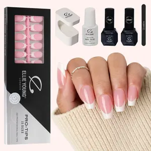 ELLIE YOUNG Pro-Tips Medium Coffin White French Tips with Pink Base, 160pc Press-On Nails Kit – 16 Sizes, Matte Gel Acrylic Look, Soft Gel DIY Extensions