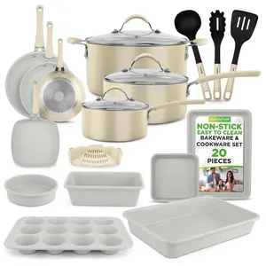 20-Piece Non-Stick Cookware Set - White | Non-Stick Aluminum Cooking & Bakeware Set with Heat-Resistant Utensils - Induction, Gas, Electric & Ceramic Compatible Cooktops - Easy Clean Home Kitchenware