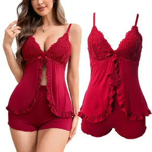 Red Two Piece Sexy Women Lingerie Babydoll Open Front Nightie and Shorts Pants Sleepwear Pajamas Set