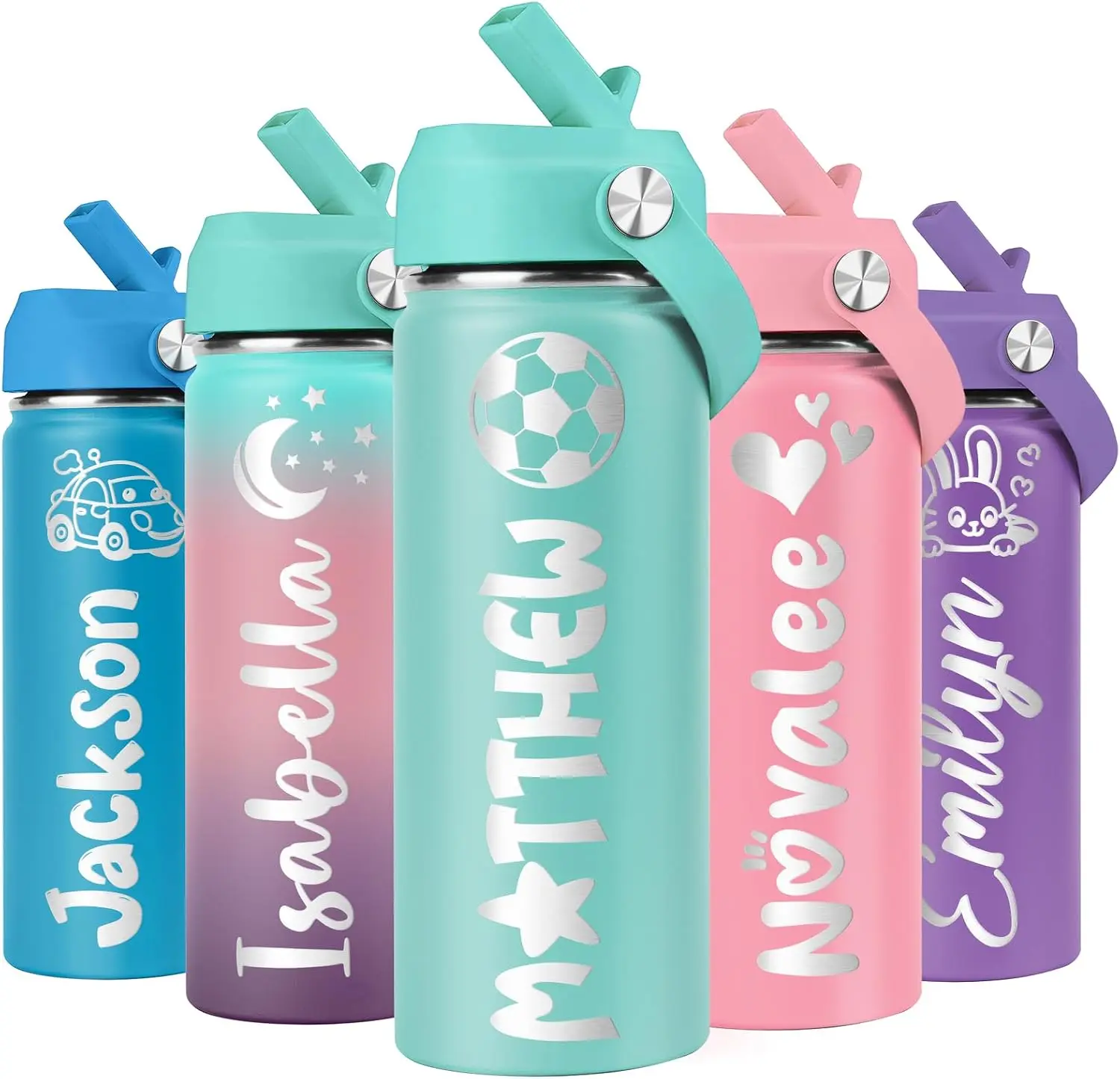 18oz Stainless Steel BPA-Free Personalized Kids' Drinkware - 12 Colors, Engraved Name, 36 Icons, Lid, Birthday & Back to School Gifts, Custom School Water Bottle
