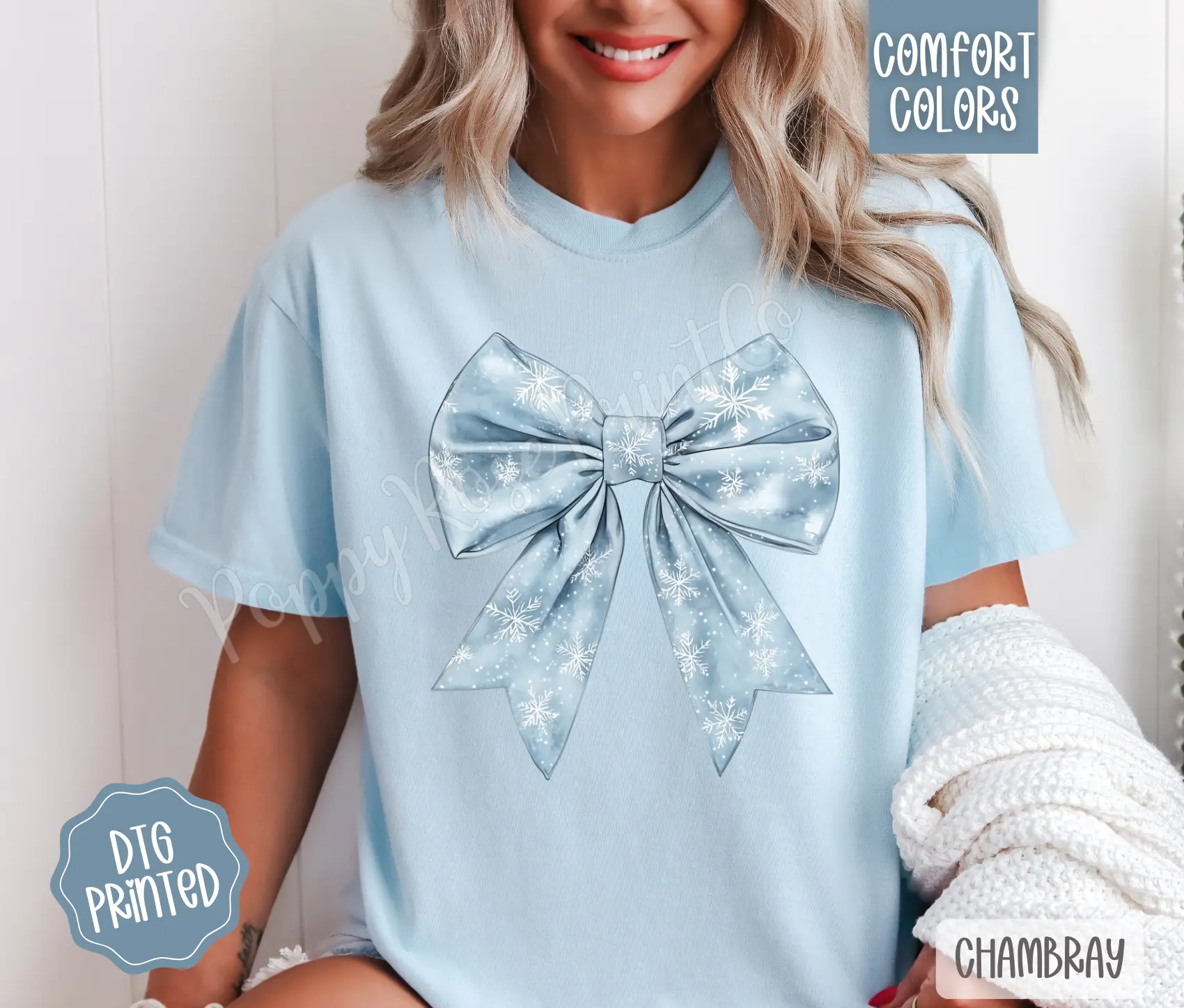 Snowflake Bow Comfort Colors Shirt, Trendy Women's Winter Tshirt