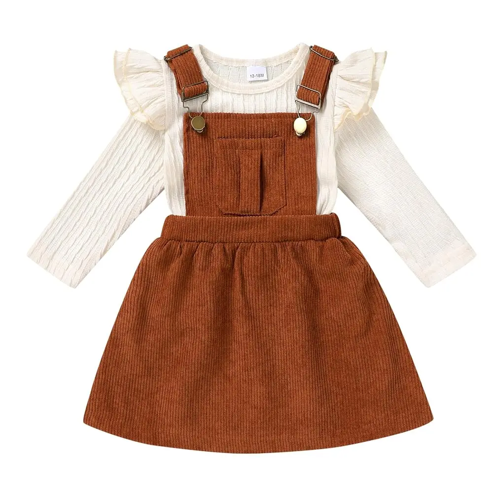 Younger Tree Toddler Baby Girl Fall Outfit Long Sleeve Stripe T-Shirt and Strap Dress Overall with One Pocket Clothes Sets