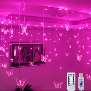 1 LED Christmas Light, LED Decorative Fairy Lighting Chain, FT/6.5 M Butterfly Curtain Light, 8 Modes Flashing Lighting Chain, Remote Control + USB Powered Window Fairy Light, Holiday Wedding Party Bedroom Patio Decoration Light Transparent Ornaments