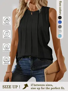 Summer New Casual Aesthetic Round Neck Sleeveless Tank Top, Vertical Texture Pleated Fitted Vest, Versatile Office Wear, Plain Long Top