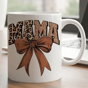 Mama Leopard and Bow Coffee Mug Cute Leopard Print Bow Accent Cup with Mama Lettering Dishwasher Friendly Perfect Gift for Mother's Day or Birthday Durable White Cup for Home Office Kitchen