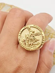 Angel Michael Gold Silver Ring, Punk Stainless Steel Ring, Knight Saint Michael Protection Amulet, Valentine's Day Gift Jewelry, Unisex Design