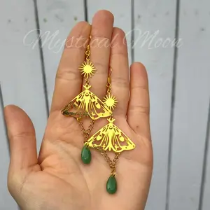 Golden Moth Green Drop Earrings Sun Charm Fairycore Dangle Earrings Whimsical Witchy Jewelry Celestial Earrings