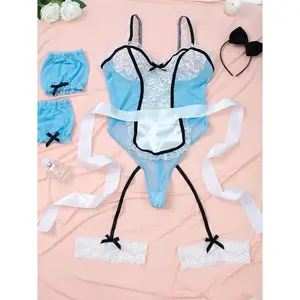 Women's Sexy Bodysuit Set, Naughty Nurse Cosplay Lingerie, Couple Gift Set, Christmas & Valentine's Day Essentials (Bodysuit + Tie Apron + Bow Headband + Thigh Rings x 2 + Arm Sleeves x 2) Clothes Costumes Floral Lace