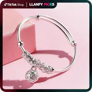 925 Silver Plated Beads Bangle Bracelet Transfer Lucky Beads Bracelet Cuff Open Design Silver Bells Palace Bell Bracelet Adjustable Bangles for Women