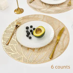Round Place Mat, 6 Counts/set Leaf Pattern Placemat, Washable Table Mat, Kitchen Decorative Placemat, Heat Insulation Kitchen Decoration Supplies for Home Party Holiday