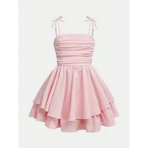 Tween Girl Woven Solid Color Bubble Pleated Double Layer Casual French Cami Dress ,Vacation Fit Polyester