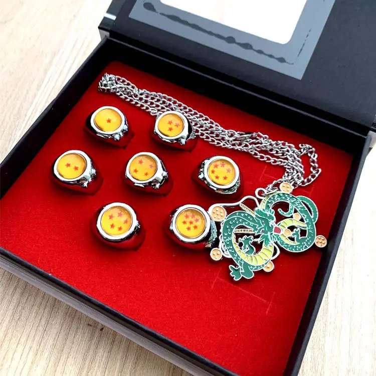 Dragon Ball Z Seven-Star Wish Ball Adjustable Rings with Shenron Pendant Necklace Alloy Anime Jewelry Gift Box Set