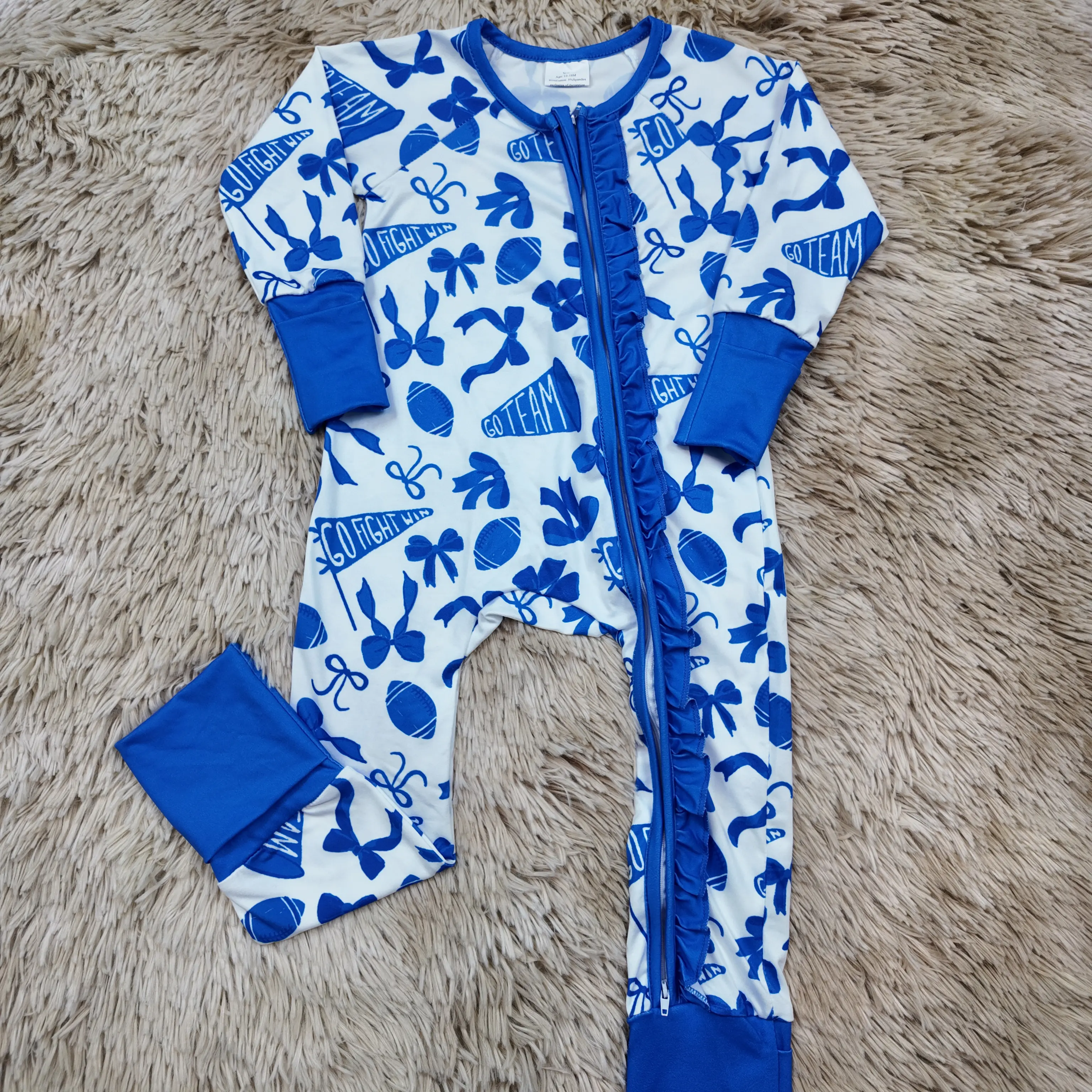 Baby Long-Sleeve Blue Bow Football-Print Zipper Sleeper, Baby Sleepwear, Infant Sleepwear, Newborn Sleeper, Sleepwear Outfit