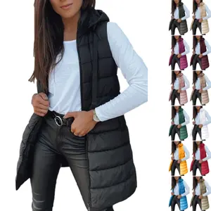 ARTFREE Women Long Vest Solid Color Sleeveless Hood Winter Puffer Vest Outwear