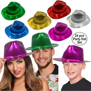 Party Gangster Hats 24 pcs |   New Year’s Celebration Hats |   Metallic Colors Assorted |   Plastic Fedora Party Hats for Kids, Adults |   Costume, Dress Up, Photo Booth, Happy New Year Parties Colorful Masks Pack Splash