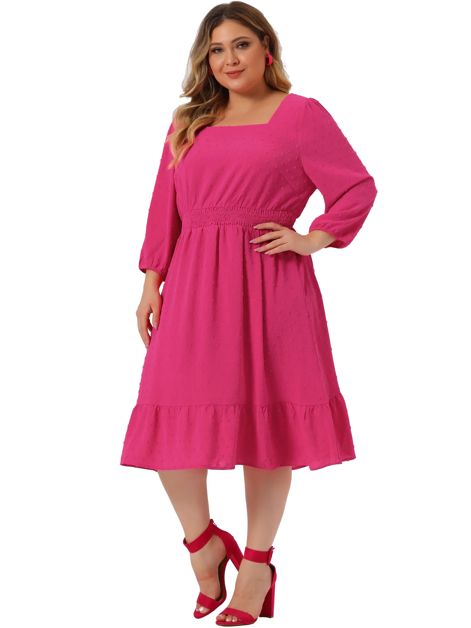 Agnes Orinda Plus Size Midi Dresses Vintage Square Neck Swiss Dots Boho Chiffon Dress
