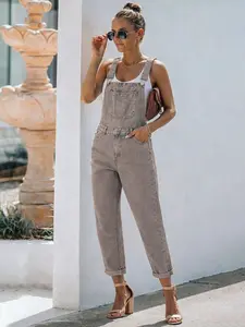 Summer New Denim Bib Pants Overalls Solid Color Loose Fit Women's Jeans Bib Pants Casual Daily Wear Versatile