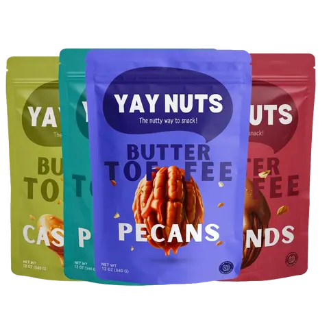 YAY NUTS Sweet-Salty Butter Toffee Crisp Real Nut Mix (Pecans, Cashews, Almonds, Peanuts) - 12oz Large Ambient Snacks Pack, Crunchy, All-Natural, Clean Labels, No Preservatives, Made in USA, Guilt-Free Fathersdaygift Food